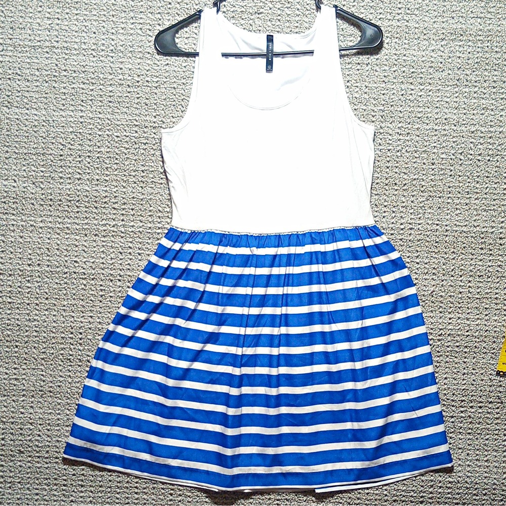 Eric + Lani Women's L White/Blue Striped Sleeveless Scoop Neck Shirt Dress VinD6